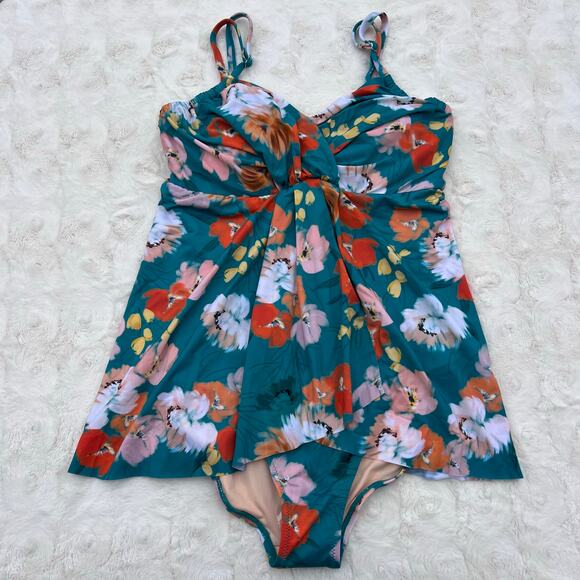 Garnet Hill Other - Garnet Hill Floral One Piece Swimsuit Ruched Overlay Teal Pink Orange 10